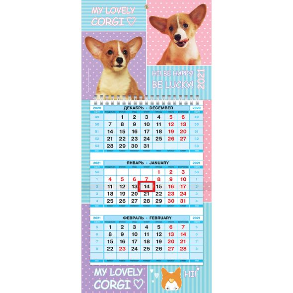 Календарь квартальный 3-х блоч. на 1 гребне МИНИ-1 бум. мелован. цветной блок с бегунком цветная подложка на 2021г -Из жизни корги- в индив.упак. , 